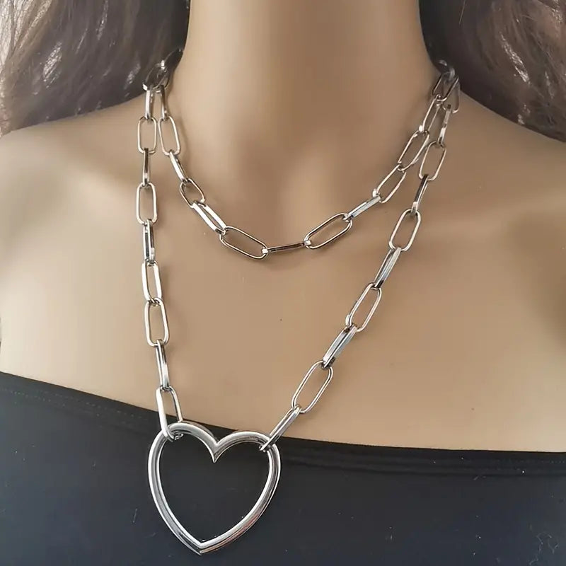double layered short heart silver necklace 9607