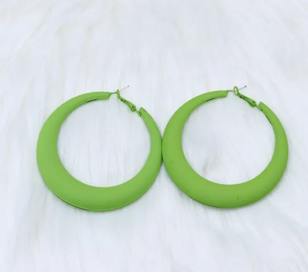 One hoop at a time wood green pink earrings