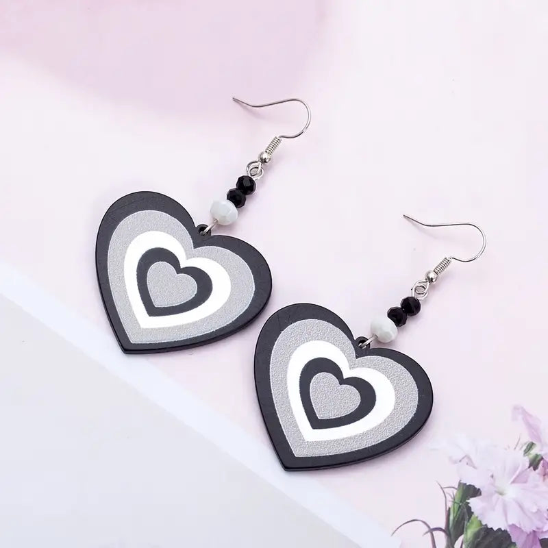 heart black and white wooden tiered earrings 2468