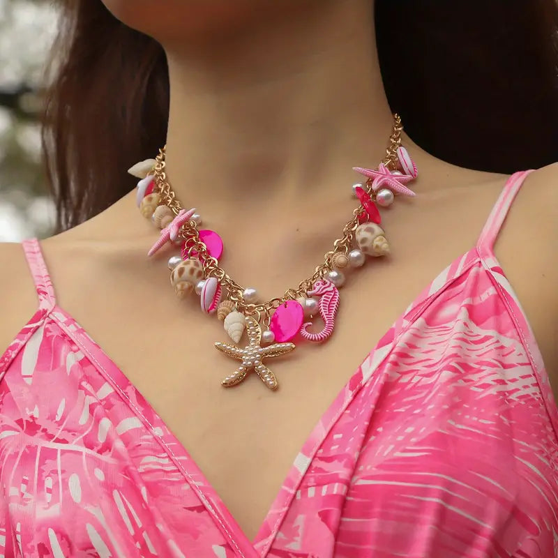 shells beachy necklace pink short 4856