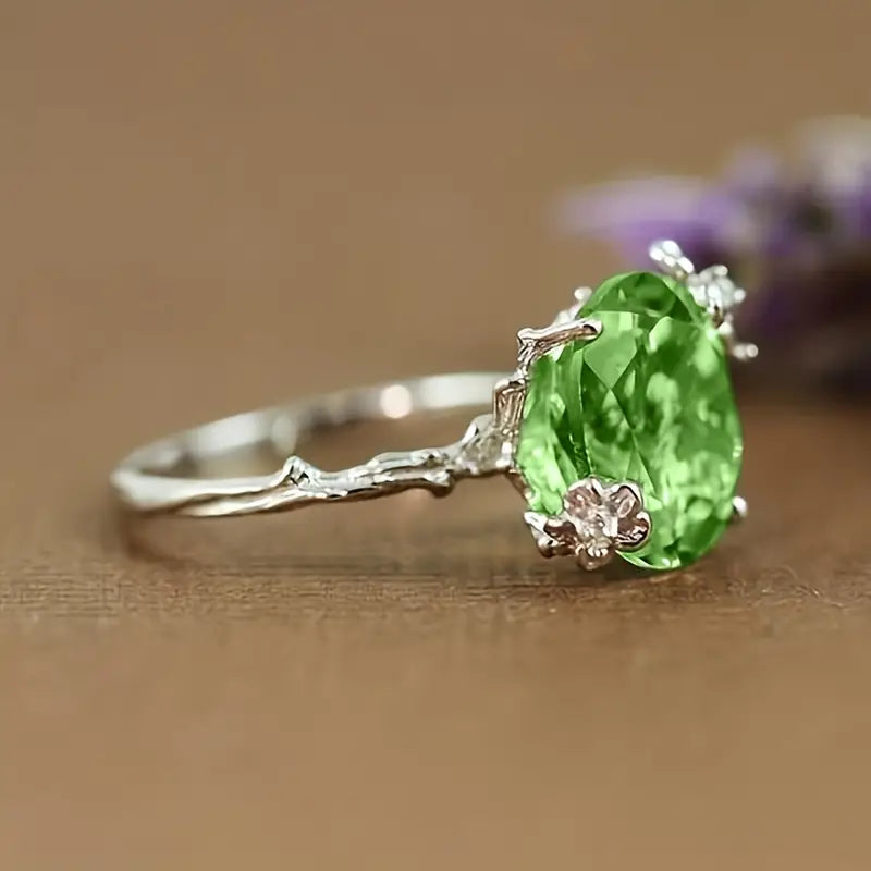 fairy leaves flowered Olive Green Zircon ring 9 2276