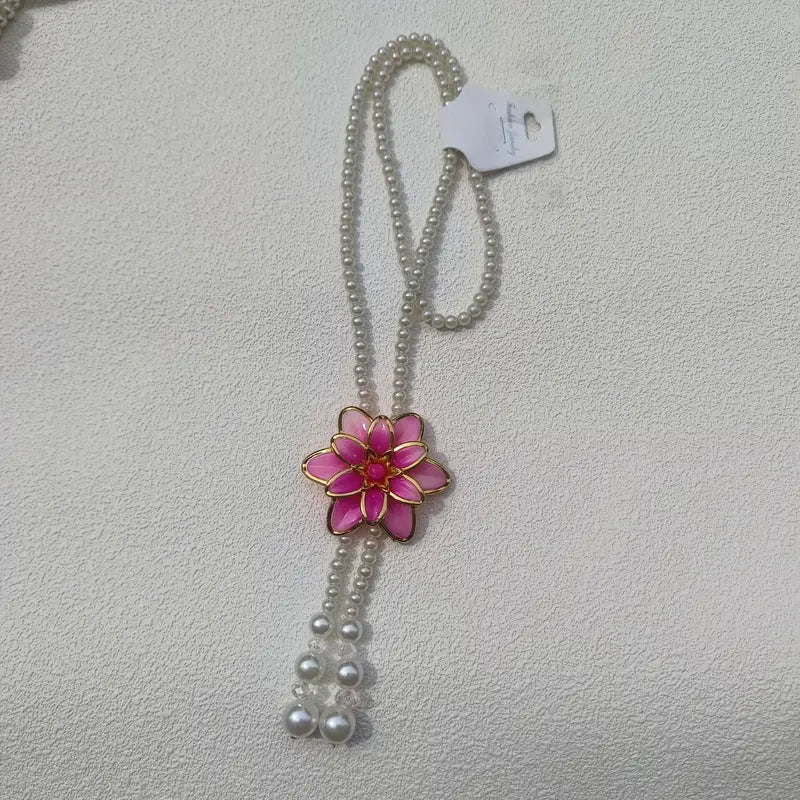 pink hibiscus pearl flower long necklace