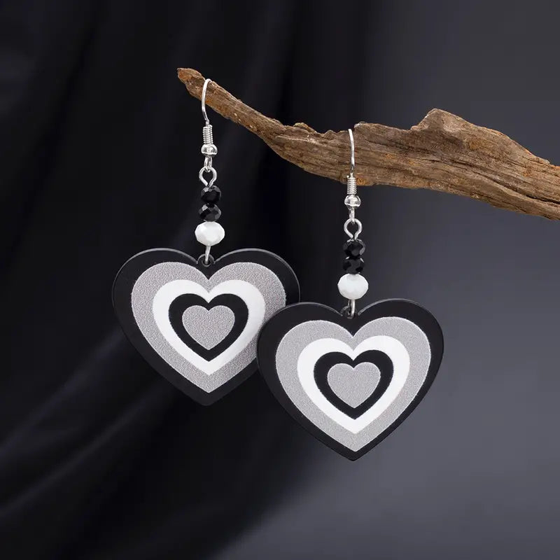 heart black and white wooden tiered earrings 2468