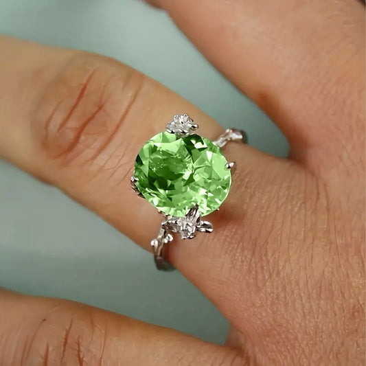 fairy leaves flowered Olive Green Zircon ring 9 2276