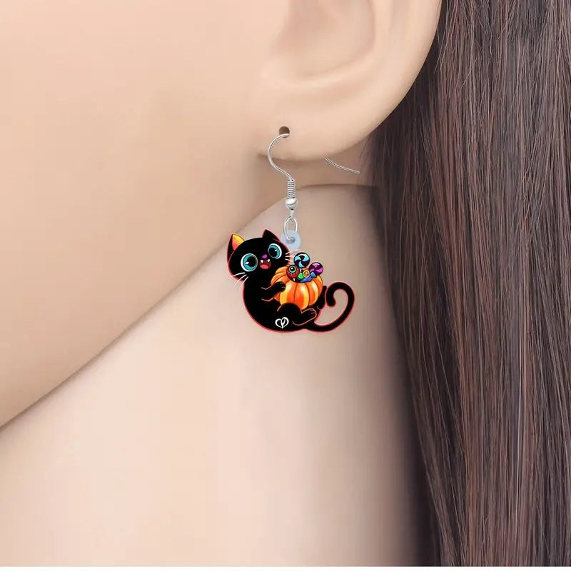 Halloween Cute Black Cat With Pumpkin earrings 2906