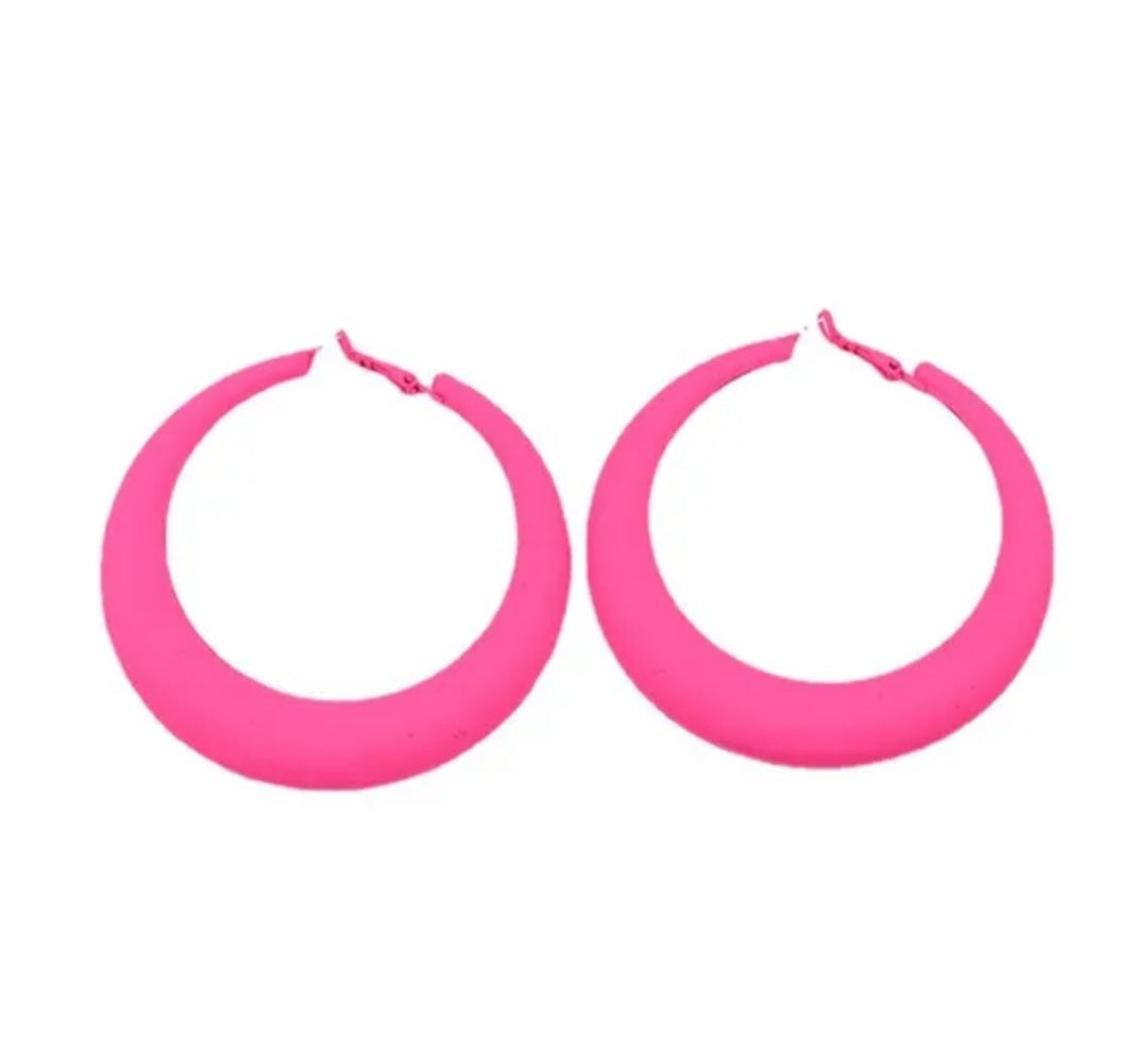 One hoop at a time wood green pink earrings