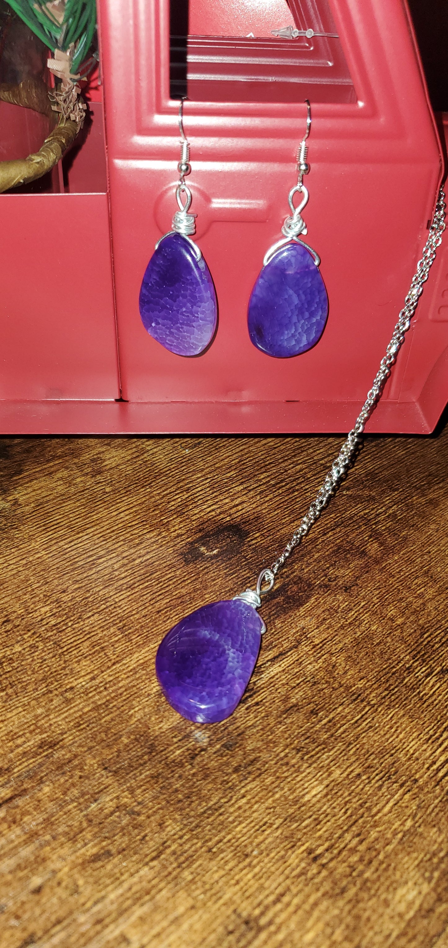 Purple agate stone earrings short necklace set