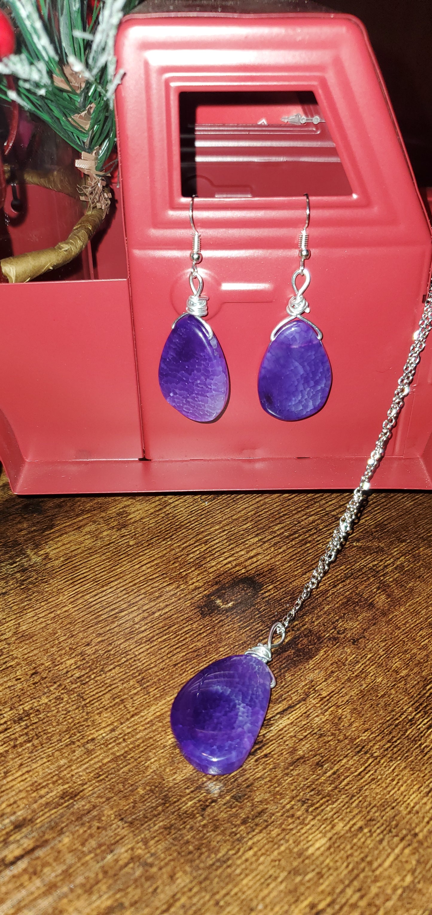 Purple agate stone earrings short necklace set