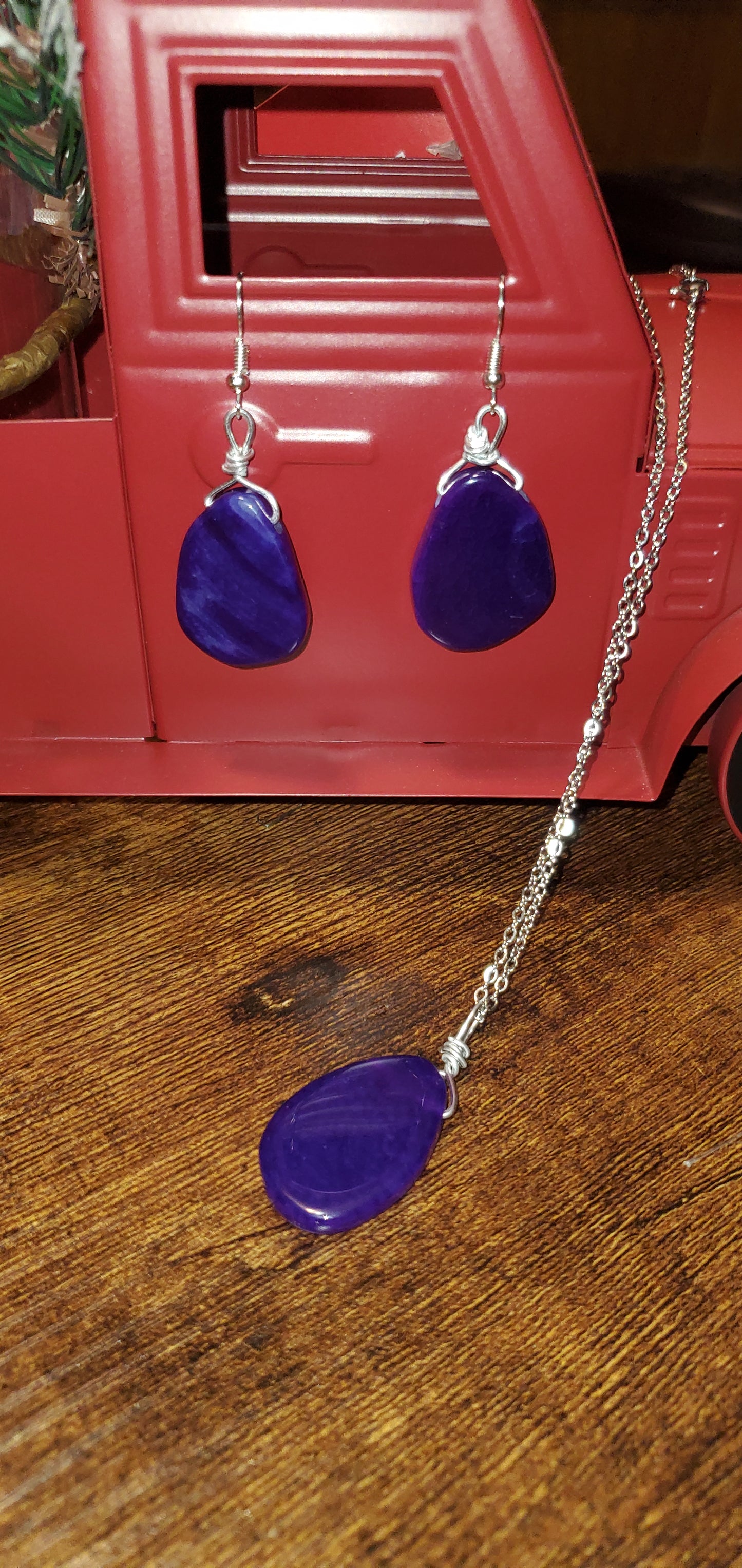 Purple agate stone earrings short necklace set