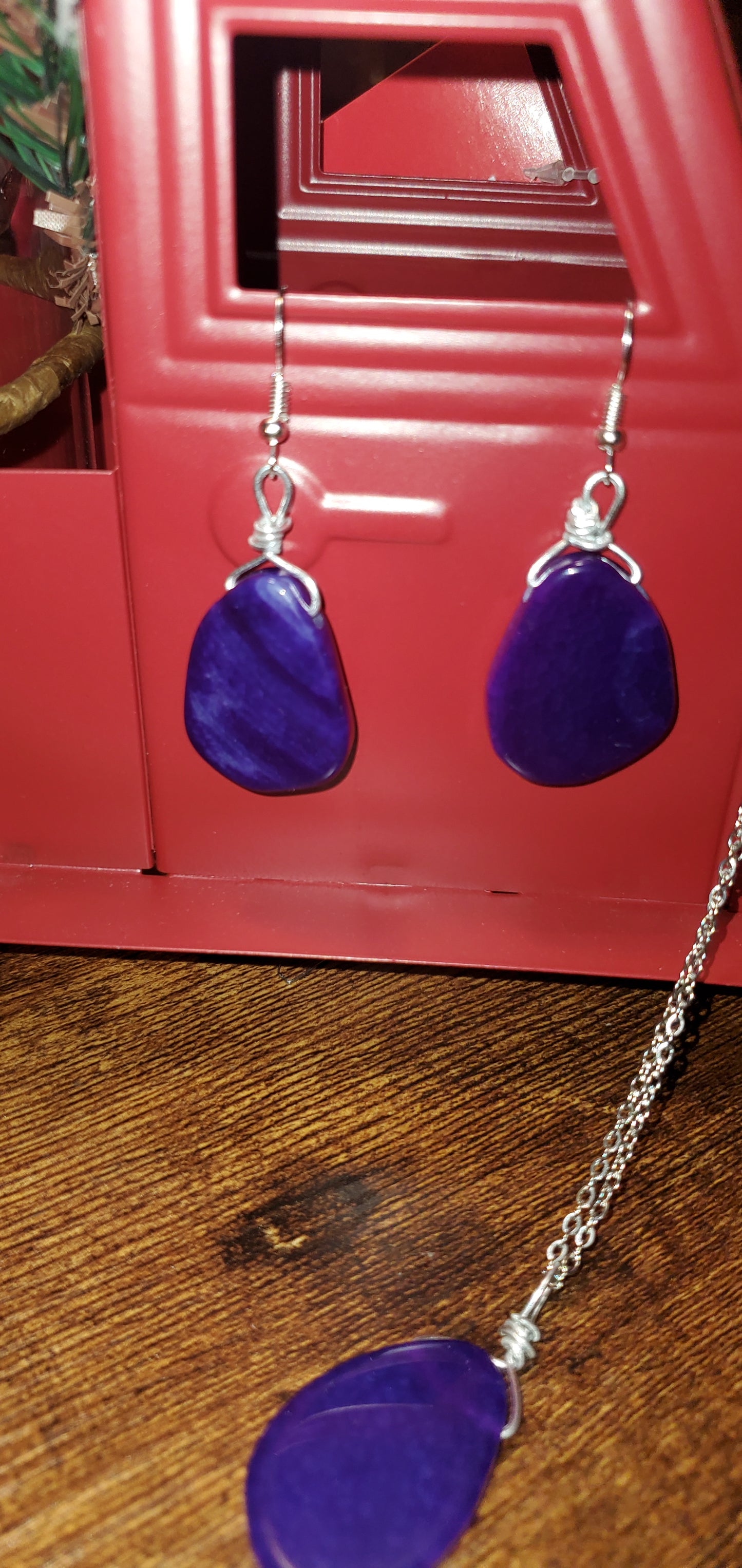 Purple agate stone earrings short necklace set