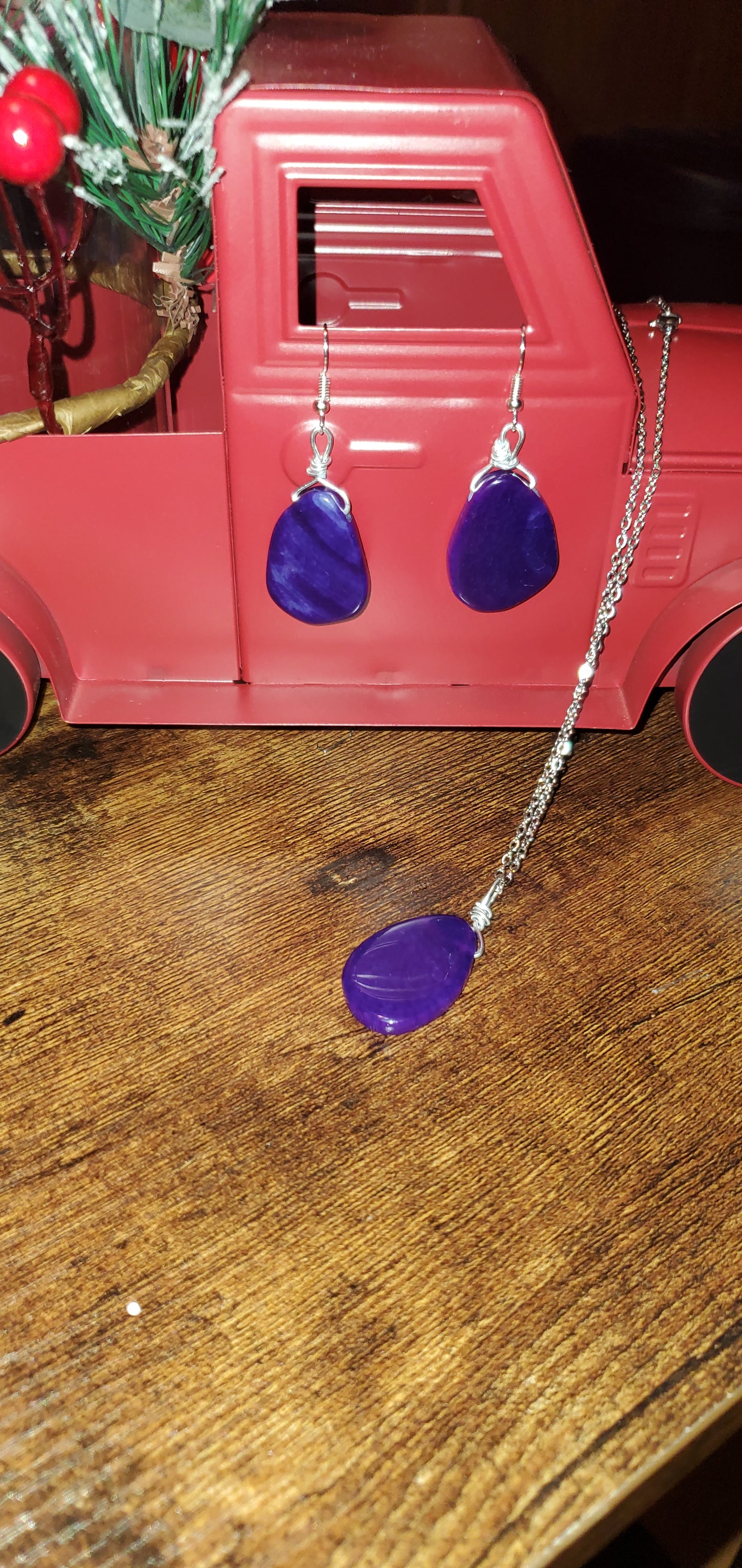 Purple agate stone earrings short necklace set