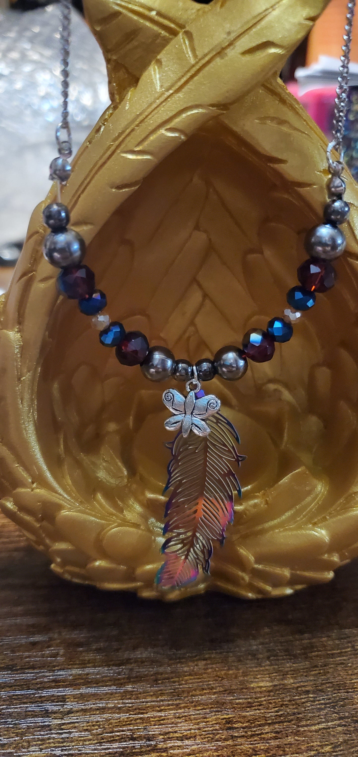 Feather oil earrings short necklace set