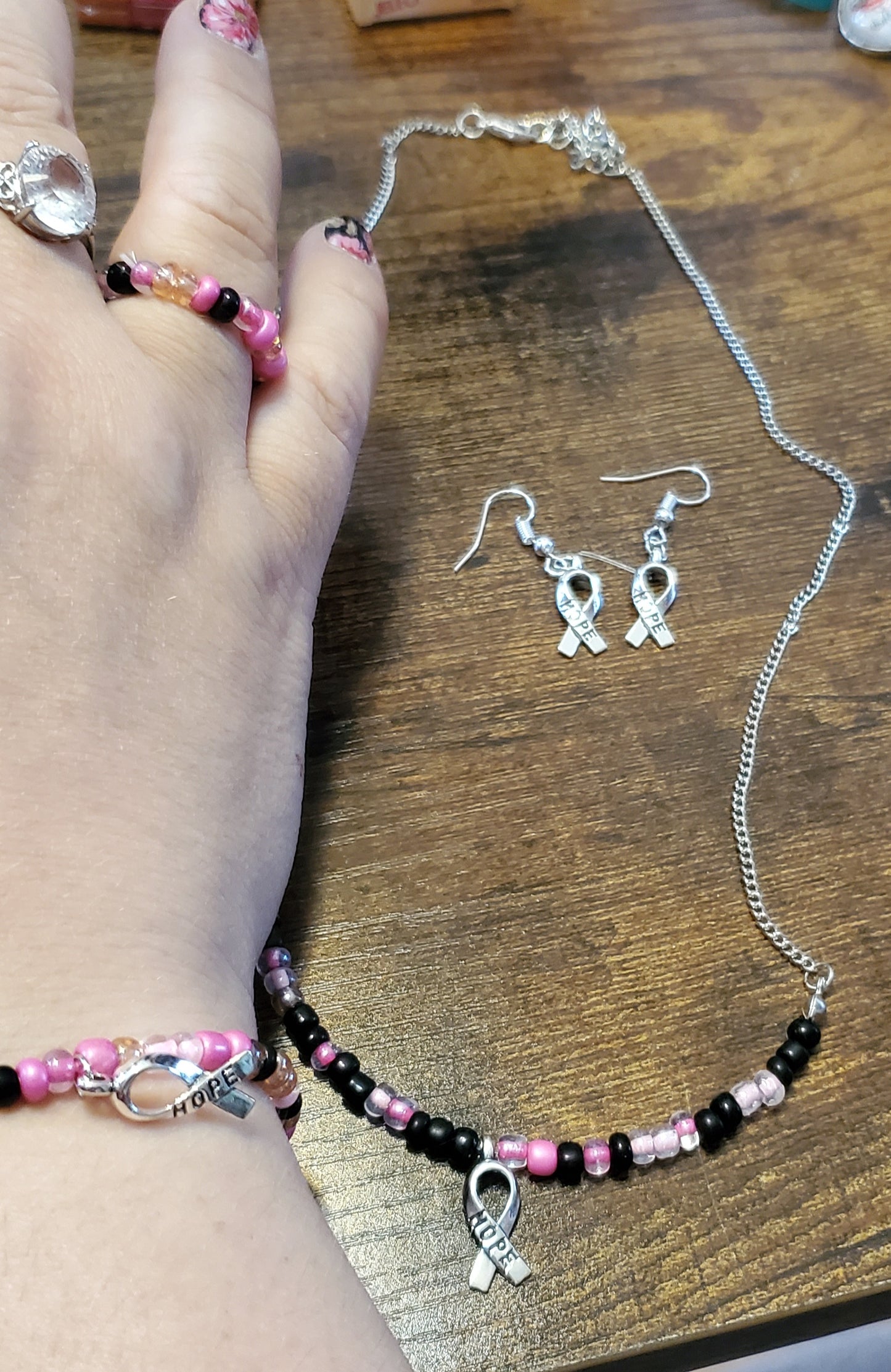 Cancer support short necklace and earrings set