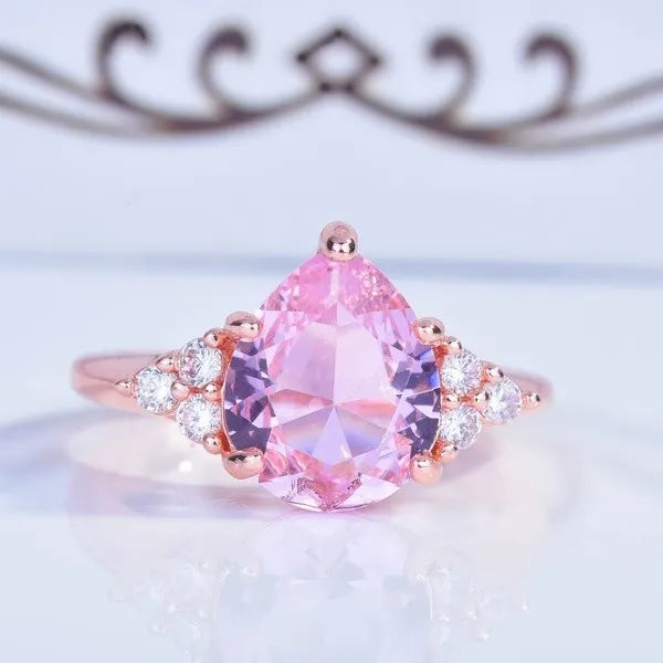 Pink Diamond Rose band Gold Drop Pear Shaped Ring European