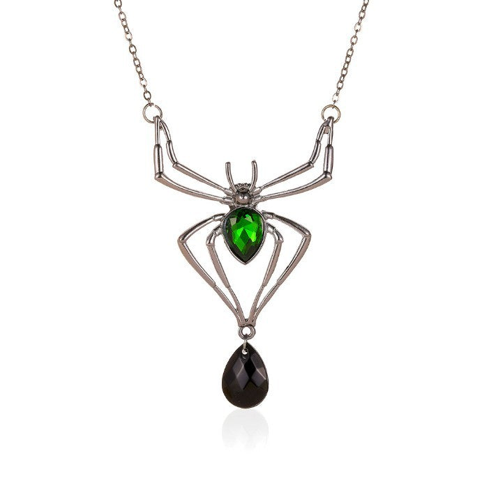 OIl green spider set earrings and short necklace 3491 Halloween