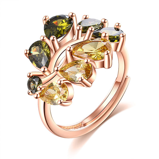 Leaves of love green yellow adjustable rose gold ring 012