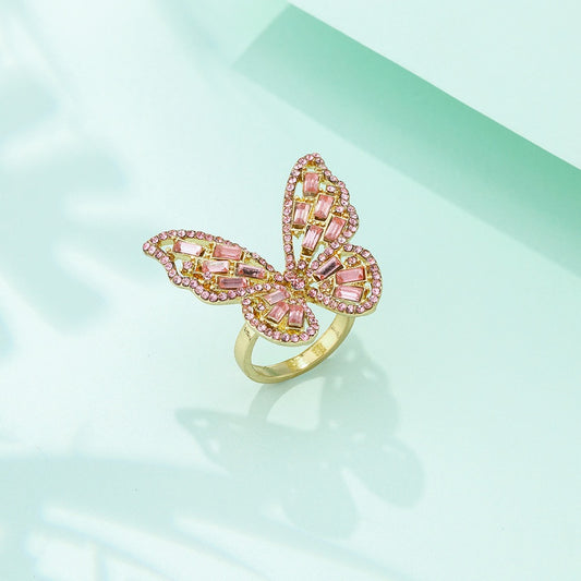 Rose butterfly  band pink ring sz 6-8 adjustable 1692