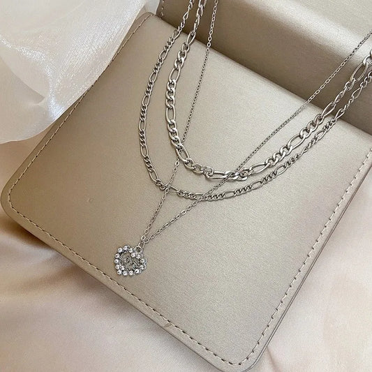 Heart silver short layered necklace