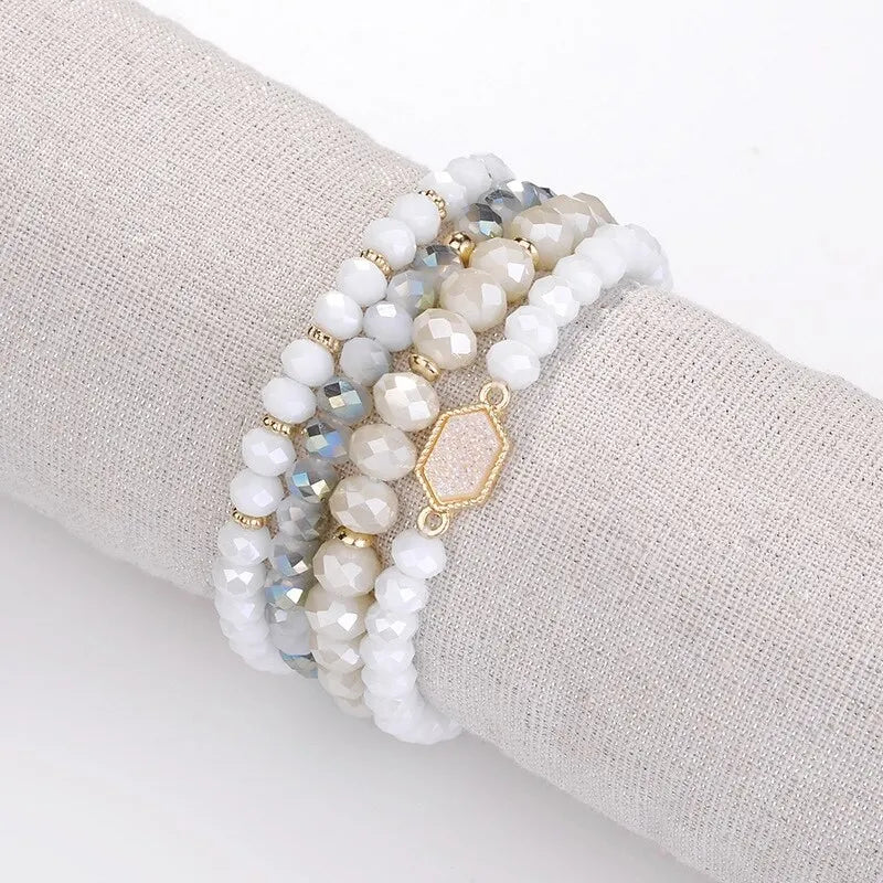 4 Piece Natural Stone Glass Beads Elastic Bracelet stack