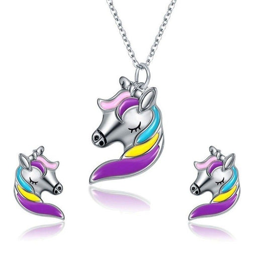 Colorful unicorn earrings and necklace set