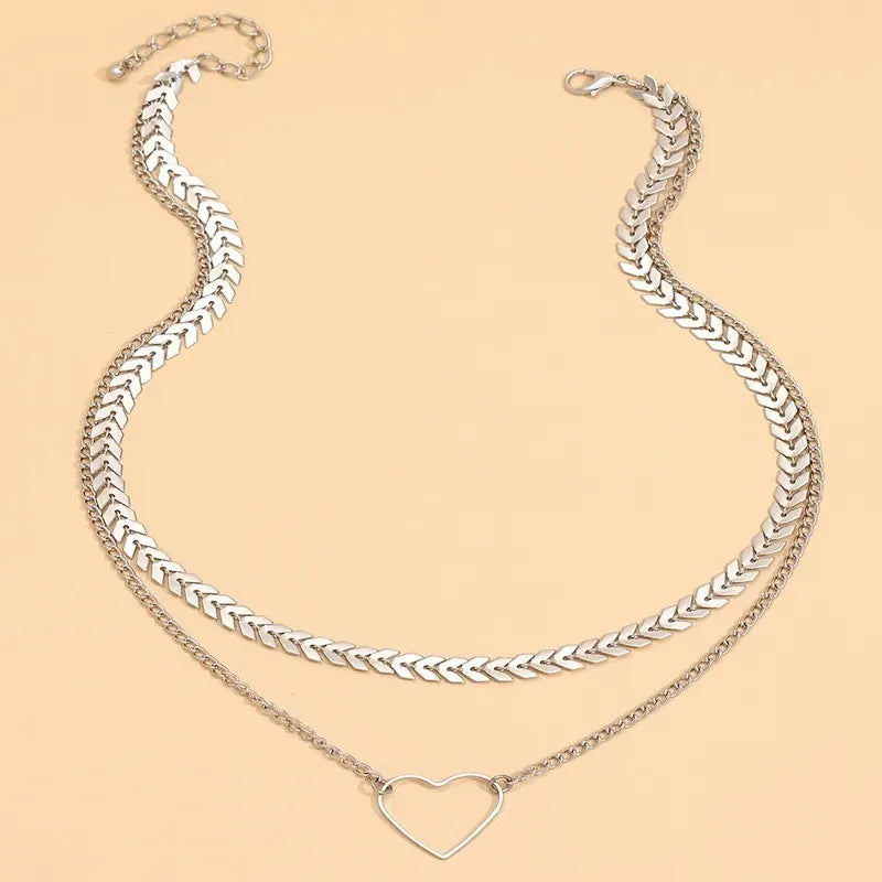 Heart vine silver short layered necklace