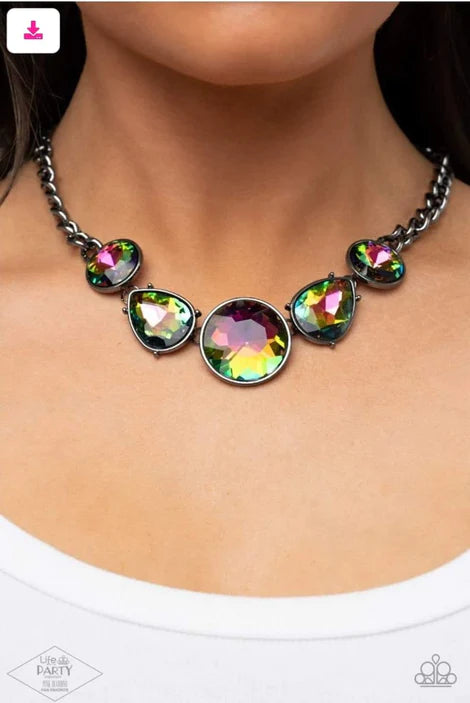 All The Worlds My Stage - Multi iridescent oil short necklace